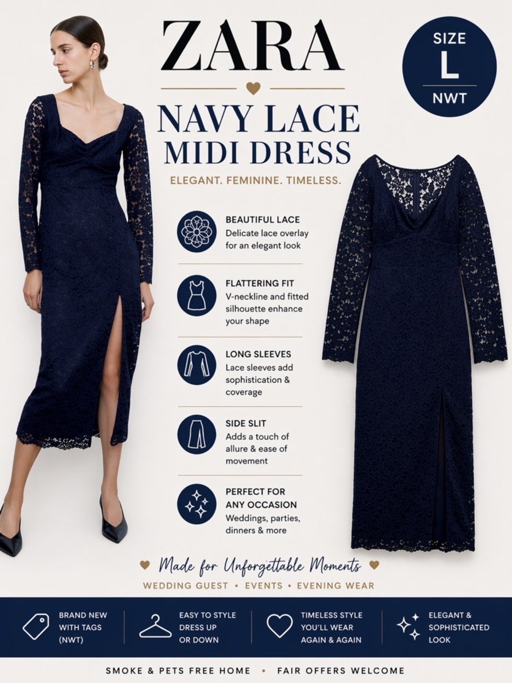 ZARA Navy Lace Midi Dress NWT Size L Wedding Guest Occasion Dress